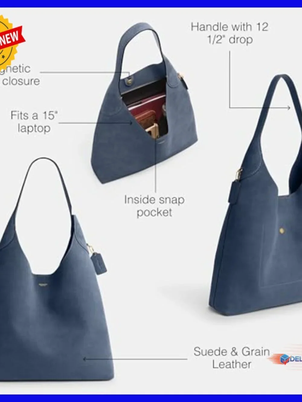 Luxury Leather Hobo Shoulder Bag Fits 15
